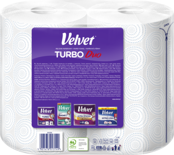 Tył opakowania 2 rolek ręcznika Velvet Turbo Duo. Fioletowa etykieta z opisem i ikonami, widoczne białe rolki.