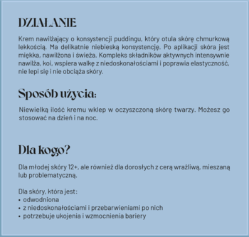 Krem nawilżający: opis działania, sposobu użycia i przeznaczenia, tekst na jasnoniebieskim tle.