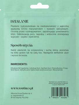 Tył zielonej saszetki hydrokoloidowych plastrów Routines na wypryski z niacynamidem i kwasem salicylowym.