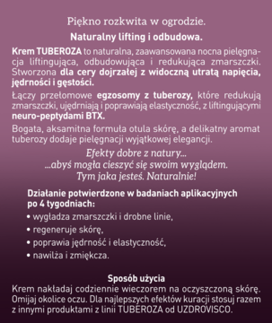Ulotka kremu UZDROVISCO TUBEROZA: nocna pielęgnacja liftingująca, redukująca zmarszczki z egzosomami tuberozy i neuro-peptydami.