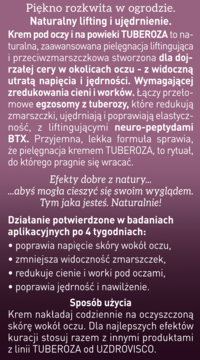 Fioletowy opis kremu pod oczy i na powieki TUBEROZA. Liftinguje, ujędrnia, redukuje zmarszczki, cienie, worki.