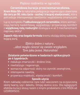 UZDROVISCO Krem Róża 50+. Reklama kremu regenerującego przeciwzmarszczkowego na różowym tle.