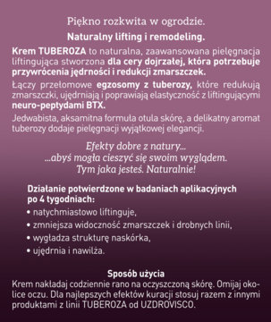 Fioletowy tekst marketingowy kremu TUBEROZA UZDROVISCO o liftingu, remodelingu i redukcji zmarszczek.