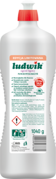 Ludwik Ogród Lipowy płyn do naczyń, biała butelka z czerwoną nakrętką, etykieta "EXTRA SIŁA", widok z przodu.