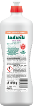 Tył białej butelki Ludwik płynu do naczyń Ogród Figowy z czerwoną zakrętką, widoczne informacje o produkcie i kod kreskowy.
