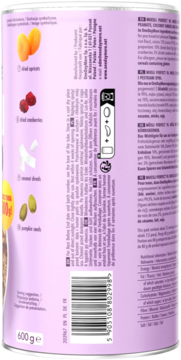 Tył fioletowego opakowania Musli Perfetto 600g z ilustracjami owoców i nasion, składem, kodem kreskowym.