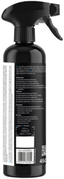 Czarna butelka ze sprayem, widok z boku, etykieta z instrukcjami użycia i kodem kreskowym, 450 ml.