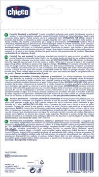 Chicco NaturalZ silikonowe bransoletki zapachowe, tył opakowania z opisami i kodem kreskowym.