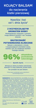 Tył opakowania kojącego balsamu do klatki piersiowej, z tekstem o sosnowym zapachu i składnikach.