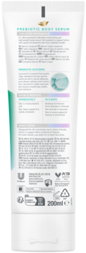 Tył białej tubki Dove Prebiotic Body Serum 200ml z opisem nawilżającym i łagodzącym skórę, logo PETA.
