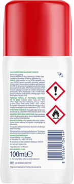 Tylna strona opakowania sprayu Chicco NoZZZ na komary i kleszcze, biało-czerwona butelka z tekstem i symbolami ostrzegawczymi.