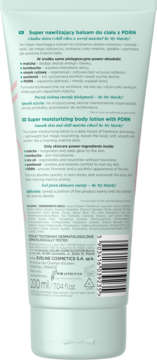 Tył jasnozielonej tubki Super nawilżającego balsamu do ciała z PDRN i matchą, widoczne szczegóły i skład.