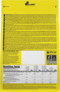 Tył żółtej saszetki Olimp Whey Protein Complex 100% z odżywką białkową, widoczna tabela wartości odżywczych.