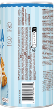 Side of 400g coconut-chocolate granola can with blue/white stripes, showing barcode, ingredients, and High Fibre text.