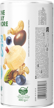 Tył opakowania musli z pistacjami, orzechami i owocami, bez dodatku cukru. Biała tuba, widok z boku.