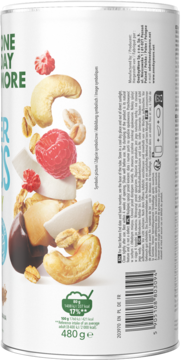 Tył opakowania granoli One Day More z orzechami, malinami i płatkami owsianymi, bez dodatku cukru.