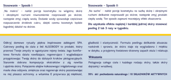 Strona z opisem i sposobem użycia ujędrniającego peelingu cukrowego Sensum Mare Algobody, tekst na białym i niebieskim tle.