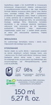 Biała butelka ALGOPURE olejku hydrofilowego 150ml, wegański, na niebieskim tle, z certyfikatem I'm green.