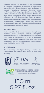 Tylna etykieta emulsji Sensum Mare Algopure 150ml: opis, stosowanie, skład, ikony vegan i 97% natury.
