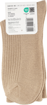 Zbliżenie na beżowe, prążkowane skarpety Eloy damskie, rozmiar 35-40, 2 pary, z widoczną etykietą.