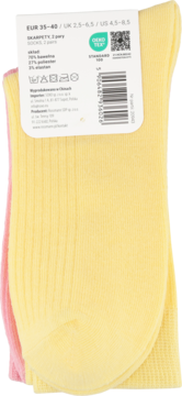 Eloy skarpety damskie, 2 pary, żółte i różowe, z prążkowaną fakturą, na zdjęciu widoczna metka z rozmiarem.