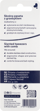 Tył opakowania skośnych pęset z grzebykiem Killys. Opis cech produktu i instrukcji użycia w kilku językach.