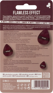 Tył opakowania Killys Flawless Effect: bordowe, aksamitne gąbeczki do pudru w 3 rozmiarach z opisem.