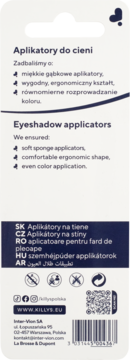 Tył opakowania aplikatorów do cieni KillyS, z opisem: miękkie gąbki, ergonomiczny kształt, równy kolor.