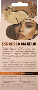Opakowanie gąbeczki KillyS Espresso Makeup, z modelką i beżowymi próbkami podkładu. Widok z przodu.