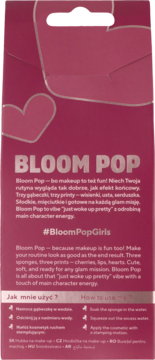 Tył różowego opakowania Bloom Pop z sercami, opisem makeupu i instrukcją użycia gąbeczek kosmetycznych.