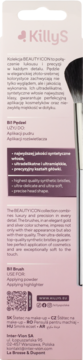 Tył różowego opakowania pędzla KillyS BEAUTYICON. Opis cech: syntetyczne włosie, do pudru/rozświetlacza.