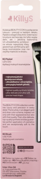 Tył opakowania pędzla KillyS Beauty Icon do kosmetyków mokrych, różowy, z opisem cech i kodem QR.
