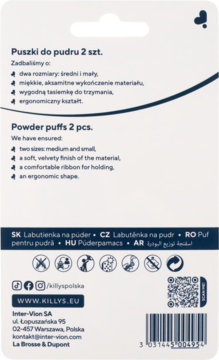 Tył białego opakowania Killys z 2 gąbkami do pudru, z opisem miękkości, ergonomii i dwóch rozmiarów.