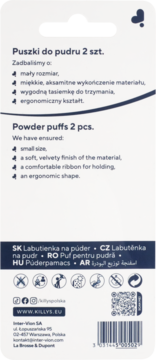 Tył opakowania puderniczek Killys (2 szt.) z opisem cech w języku polskim i angielskim.