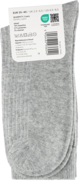 Eloy damskie skarpety front rib, szare, rozmiar 35-40, 2 pary, z etykietą produktową i kodem kreskowym. Widok z góry.