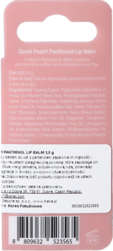 Tył różowego opakowania balsamu do ust Quret Peach Panthenol z listą składników i kodem kreskowym.