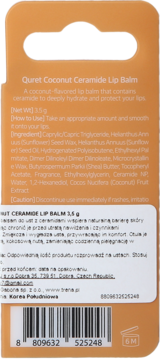Tył pomarańczowego opakowania balsamu Quret Coconut Ceramide Lip Balm 3.5g z białym tekstem i kodem EAN.
