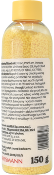 Żółte perełki do kąpieli mango w przezroczystej butelce, widok z tyłu z etykietą i składem.