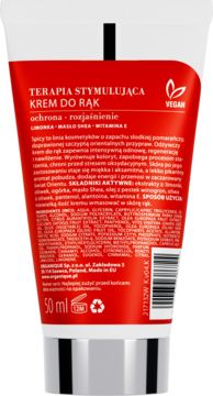 Tył czerwono-srebrnej tubki wegańskiego Kremu do rąk Spicy 50ml. Widoczne składniki: limonka, masło Shea, prosty widok.