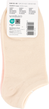 Eloy skarpety damskie, 3 pary, rozmiar 35-40. Beżowe i różowe stopki, widok z tyłu etykiety z opisem składu.