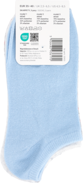 Eloy skarpety damskie, jasnoniebieskie stopki (3 pary), rozmiar 35-40. Tył z metką: skład, certyfikat OEKO-TEX.