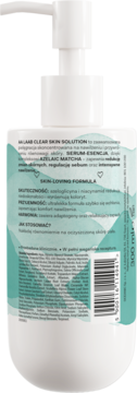 Tył butelki AA LAAB Clear Skin Solution Serum-Esencja z pompką, widoczny tekst i składniki.