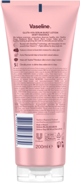 Tył różowej tuby balsamu Vaseline Gluta-Hya Serum Burst Lotion Dewy Radiance z opisem i kodem EAN.