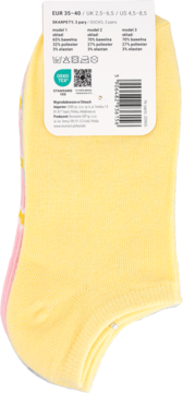 Tył opakowania skarpetek Eloy stokrotki, rozmiar 35-40, z żółtą skarpetą i etykietą ze składem materiałowym i kodem.