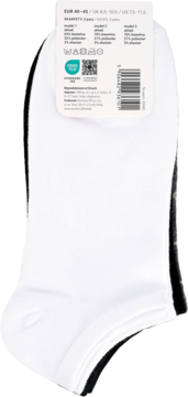Eloy skarpety męskie, krótkie, gładkie, białe i czarne, rozmiar 40-45, z metką produktu. Widok od góry.