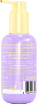 Fioletowy żel oczyszczający Delia Cosmetics, 150 ml, z żółtą pompką, widok z tyłu, z kodem kreskowym.