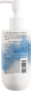 Tył opakowania mleczko-serum AA Laab Milky Waterfall Hydration w białej butelce z pompką, widoczne polskie etykiety.
