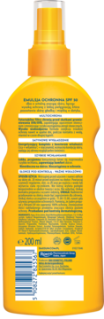 Tył żółtej butelki emulsji ochronnej SPF 50 w sprayu, widoczne szczegóły etykiety i kod kreskowy, 200ml.
