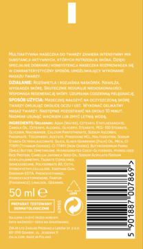 Tył opakowania maseczki Ziaja 50ml, beżowy kolor, polski opis działania, składniki, sposób użycia.