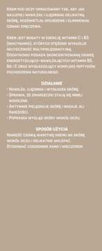 Tekst marketingowy o kremie pod oczy. Opisuje skład (witaminy C, B3, B5, B6, E, peptydy) i działanie nawilżające, ujędrniające.